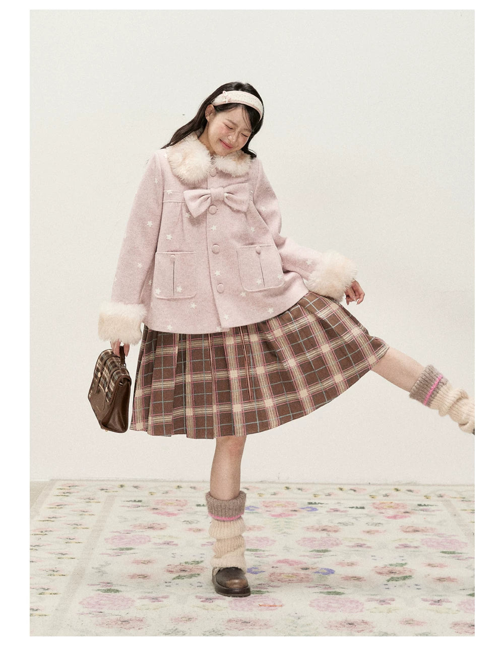 RF - Peach Pink Ombre Faux Fur Collar Wool-Look Jacket with Star Embroidery