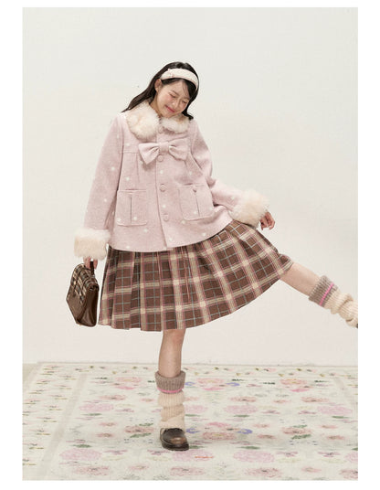 RF - Peach Pink Ombre Faux Fur Collar Wool-Look Jacket with Star Embroidery