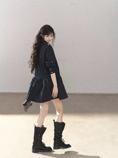 AOMALM - Navy French-Inspired Lace Shirt Mini Dress with Convertible Sleeves
