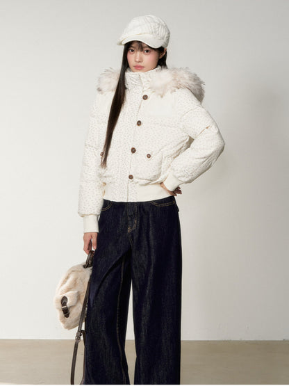 Soote Season - White Floral Faux Fur Collar Cropped Hooded Down Jacket