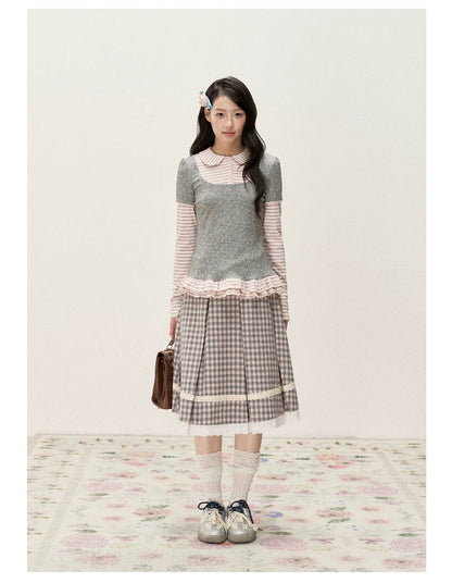 [RF] Floral Gray Pink Faux Two-Piece Striped Layered Blouse with Peter Pan Collar