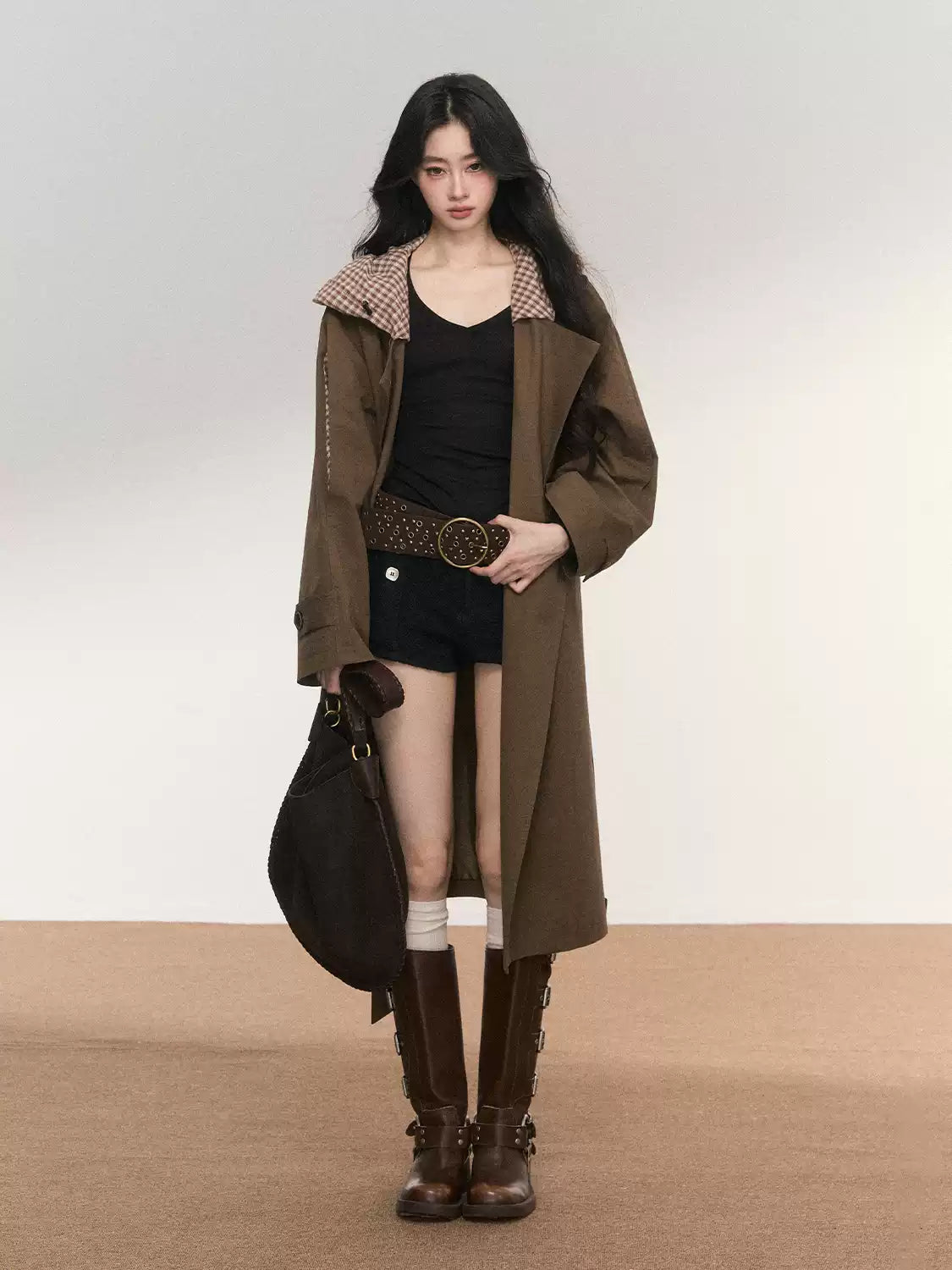 JN's DESIGN - Vintage Plaid Panel Hooded Trench Coat