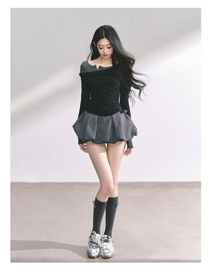 少也眼 "Seoul Toccata" Layered Off-Shoulder Long Sleeve Tee - Black-Gray 2536486