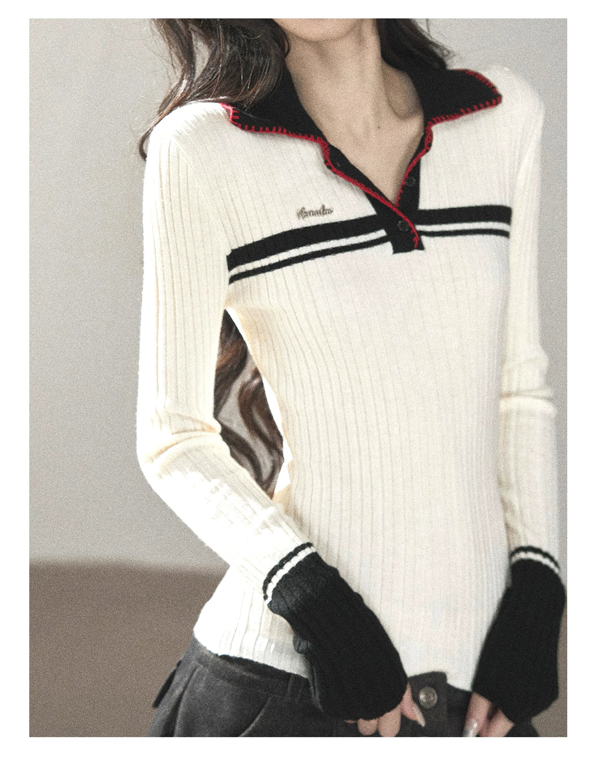 AOMALM - "Soft Moonlight" Cream Almond White American Long-Sleeve Polo Knit Top
