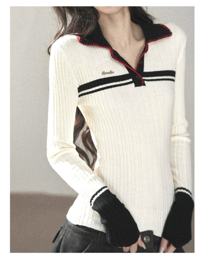 AOMALM - "Soft Moonlight" Cream Almond White American Long-Sleeve Polo Knit Top