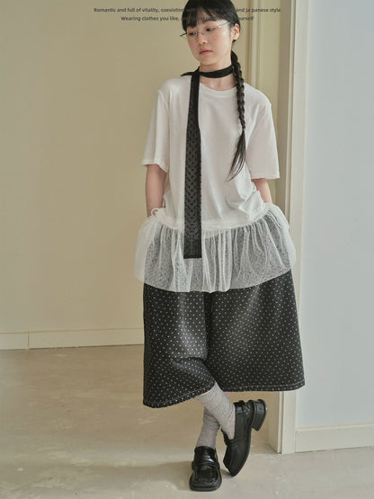 "Dot Veil" Polka Dot Mesh Panel T-Shirt (White / Gray)