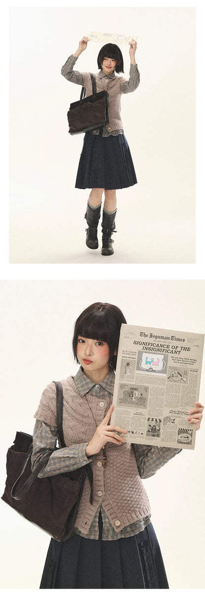 "Rice Knit" Wool-Blend Short Sleeve Knit Cardigan (Moss Coffee Green/ Dusk Dusty Pink)