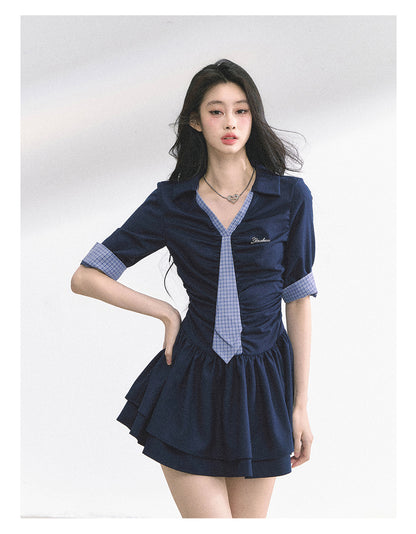 少也眼 "London Chronicle" Structured Plaid Puff-Sleeve Mini Shirt Dress - Navy Blue