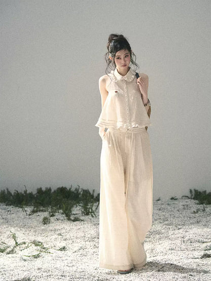 "Soft Cloud Reverie" Dutch Cream Lace Top & Bubble Skirt & Wide-Leg Pants Set 5468465