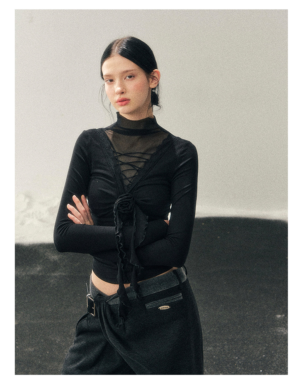 少也眼 “Vanishing Curve” Sheer Lace Turtleneck Base Top - Black