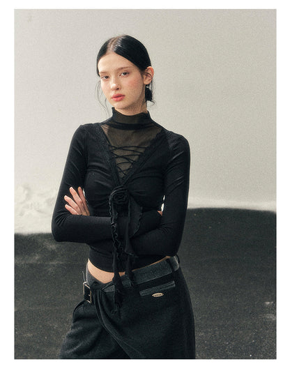 少也眼 “Vanishing Curve” Sheer Lace Turtleneck Base Top - Black