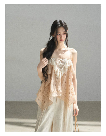 "Orange-Scented Dusk" Toasted Rice Beige Asymmetrical Lace Cami