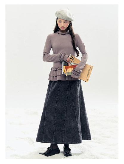 "Lavender Mist" Smoky Mauve Ruffle Ruched Turtleneck Knit Top