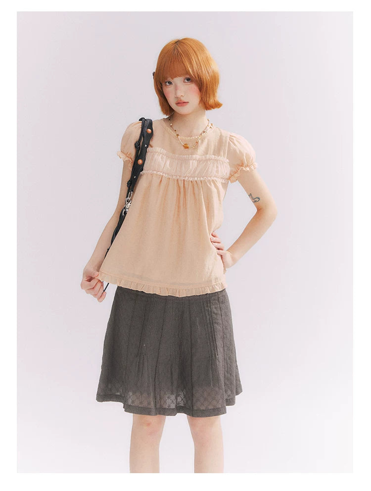 “Orange Soda” Seashell Orange Mesh Panel Puff Sleeve Top