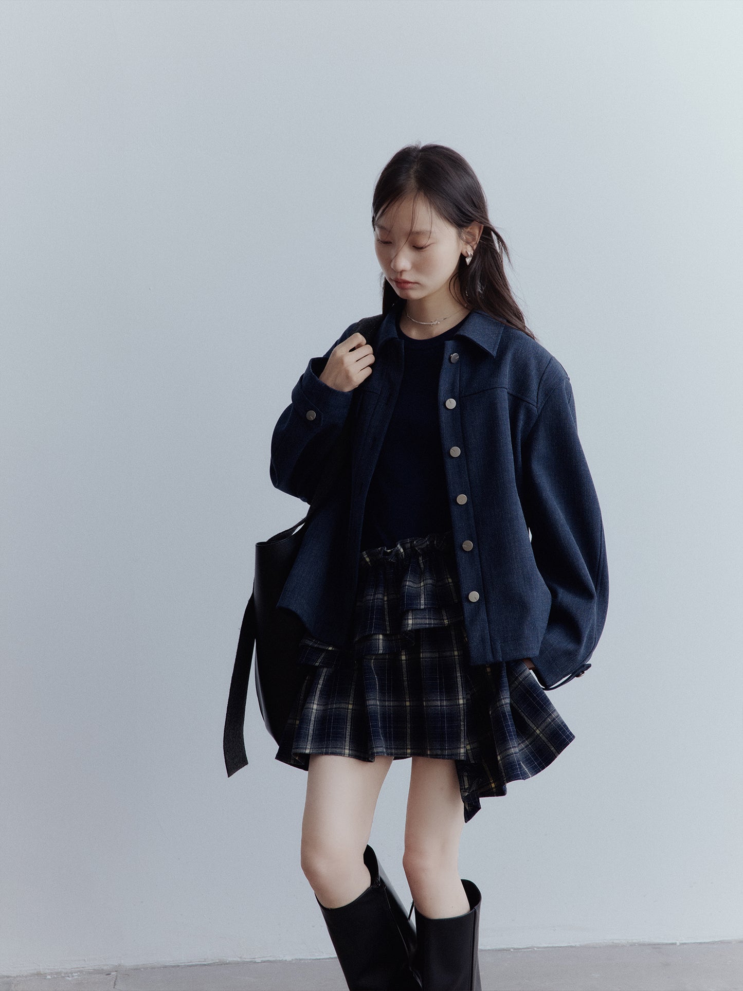 FUSSED Asymmetrical Layered Plaid Dress – Midnight Blue FOF-25AW215