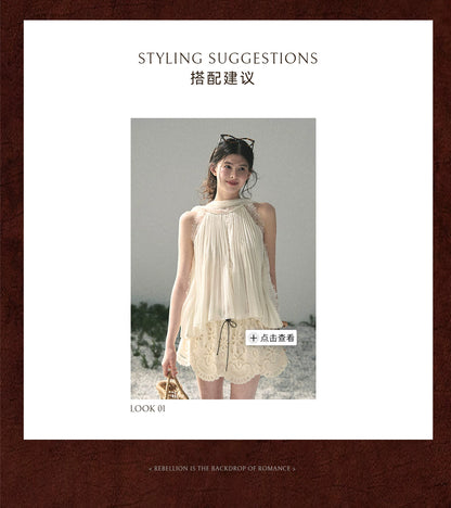“Summer Light Through Pleats” Ivory Lace Pleated Halter Blouse