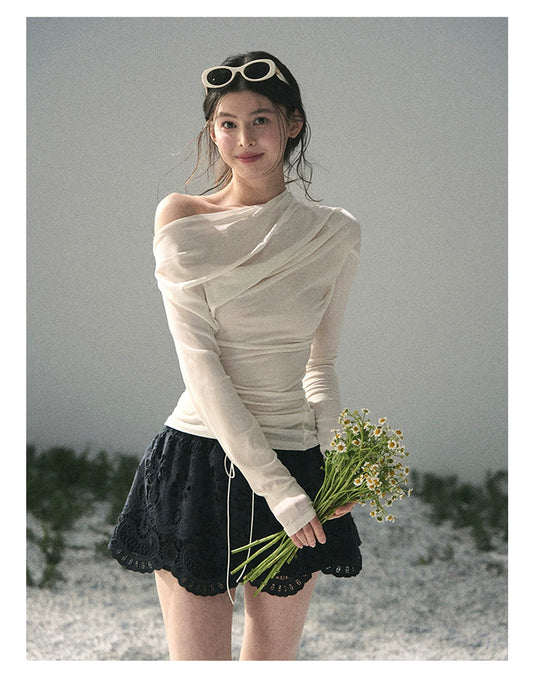 “Where Shadow Walks Beside Light” Milk Apricot Asymmetrical Top