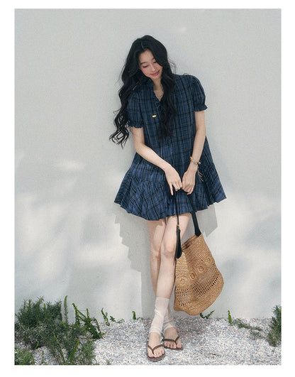 “Soft Pleats in Motion” Academy Blue Bubble Mini Dress