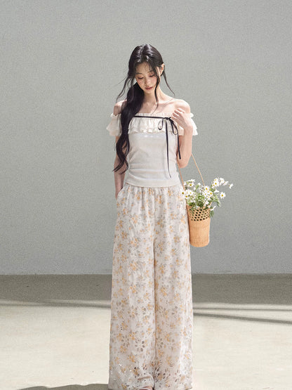 AOMALM - "A Cloud in Bloom" Primrose Yellow Floral Embroidered Lace Wide-Leg Pants