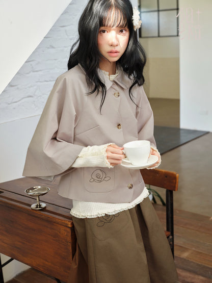 DAILY ARTIST - Taupe Brown Rose Embroidered Cape-Sleeve Jacket