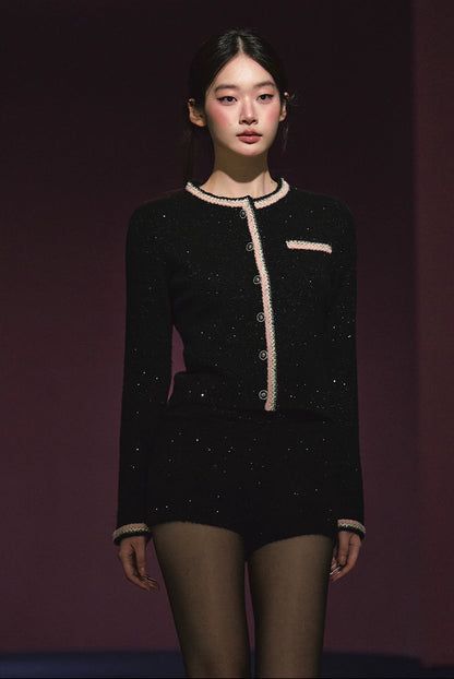 "Starlit Heiress" Black Shimmer Contrast Knit Cardigan & Shorts Set