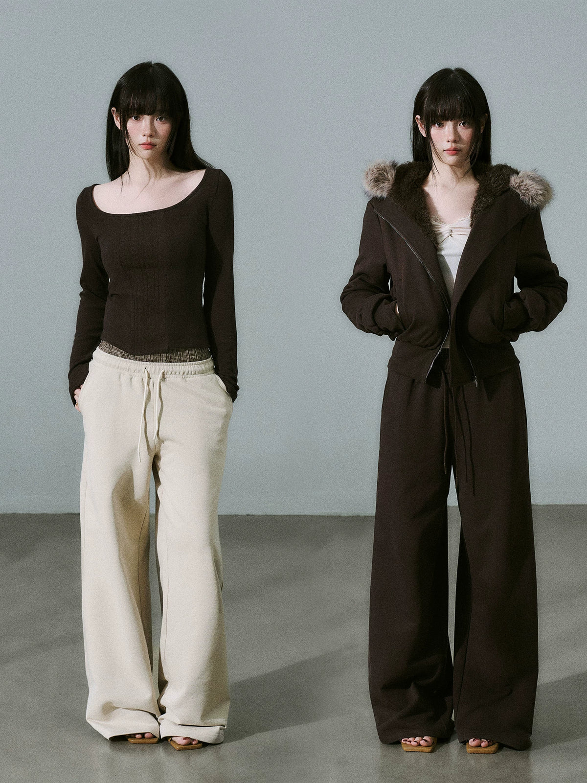 LOST FOREST - Heavyweight Cotton Low-Rise Wide-Leg Sweatpants (Dark Brown / Milk Tea)