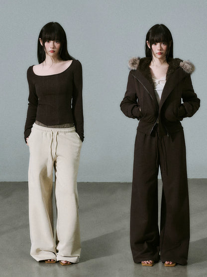 LOST FOREST - Heavyweight Cotton Low-Rise Wide-Leg Sweatpants (Dark Brown / Milk Tea)