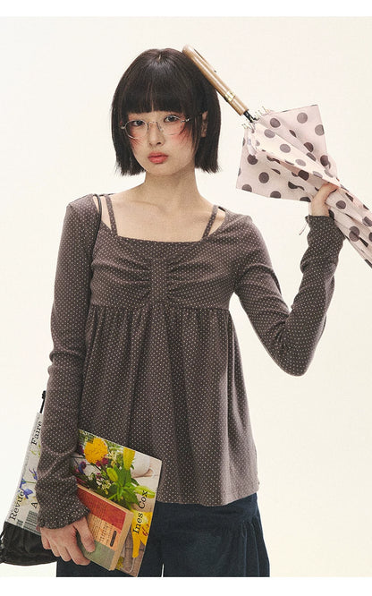 "Sweet Favorite" Polka Dot Faux-Layer Bow Knit Top (Gray Brown/ Blush Pink)