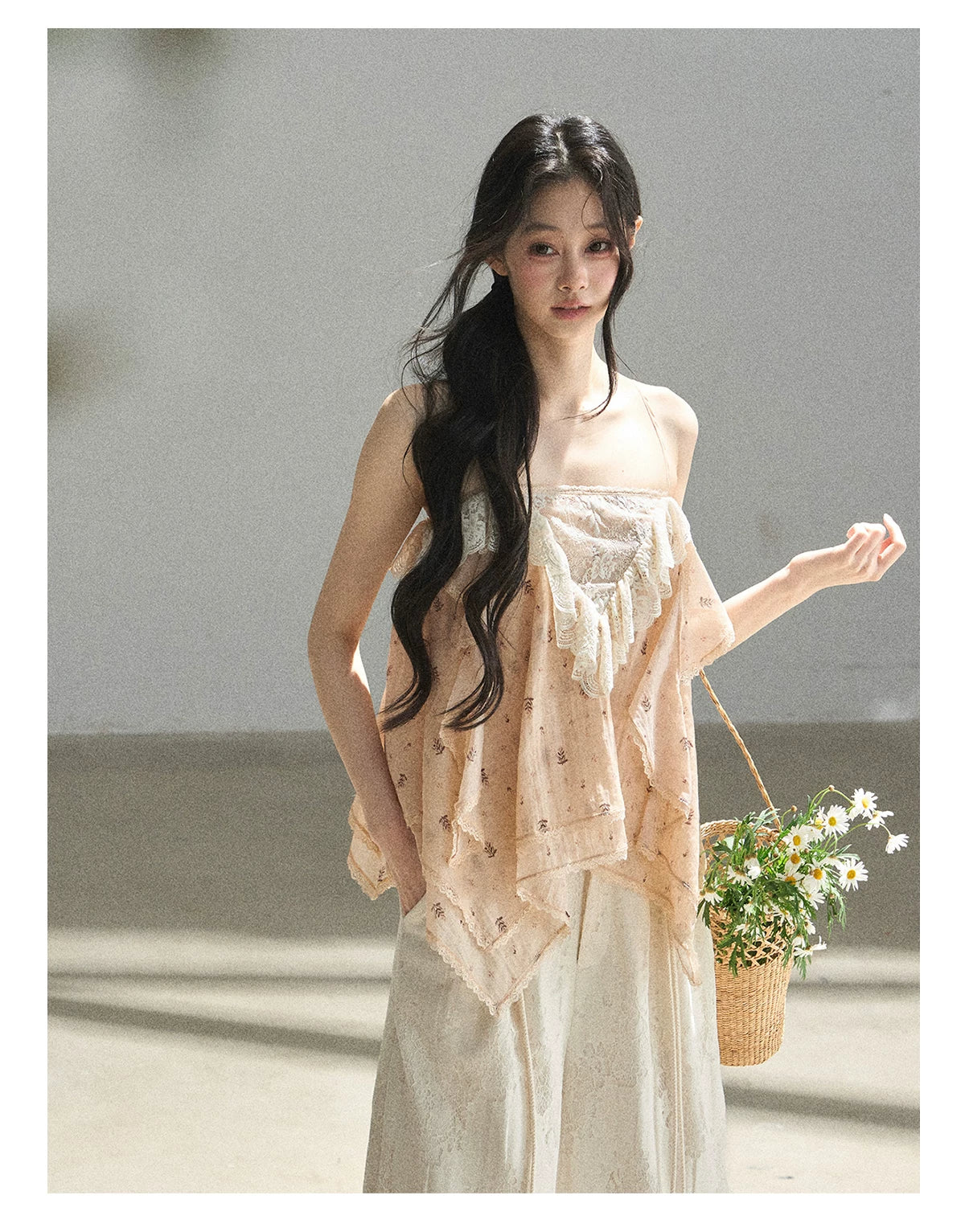 "Orange-Scented Dusk" Toasted Rice Beige Asymmetrical Lace Cami