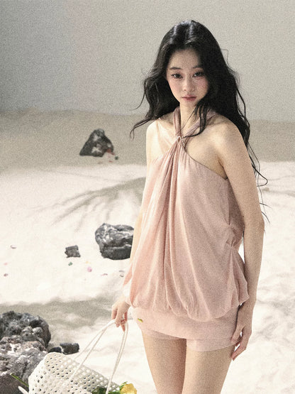 "Soft Luminous Glow" Misty Pink Halter Top & High-Waisted Skort Two-Piece Set