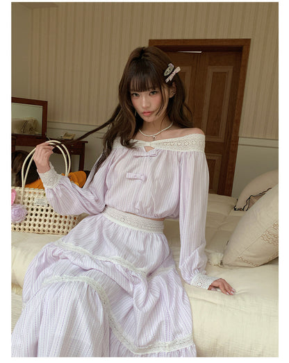 “Misty Blossom Reverie” Light Purple Off-Shoulder Top & Lace Trim Skirt