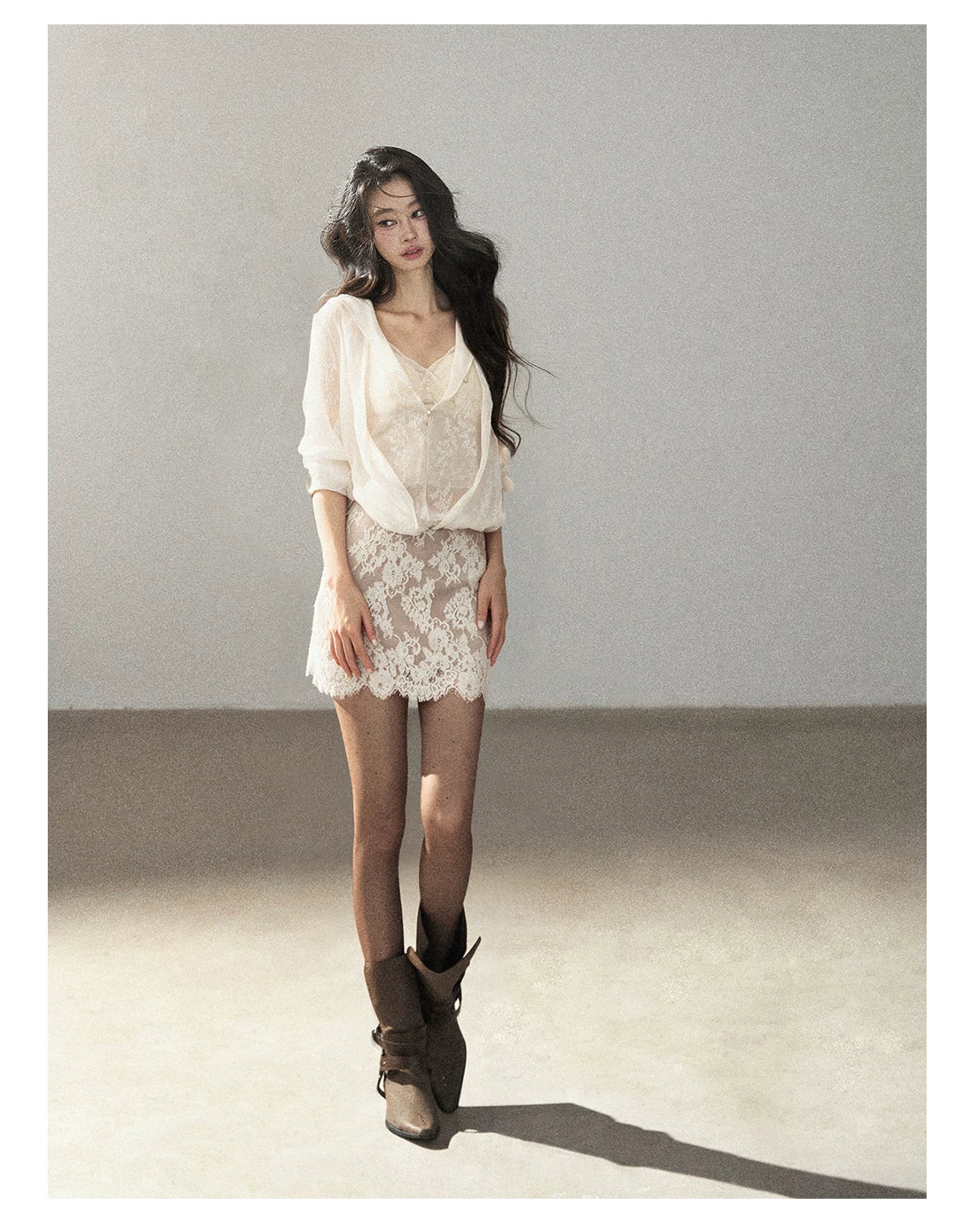 AOMALM - Cream Lace Mini Dress with Scalloped V-Neck (With Inner Bra)