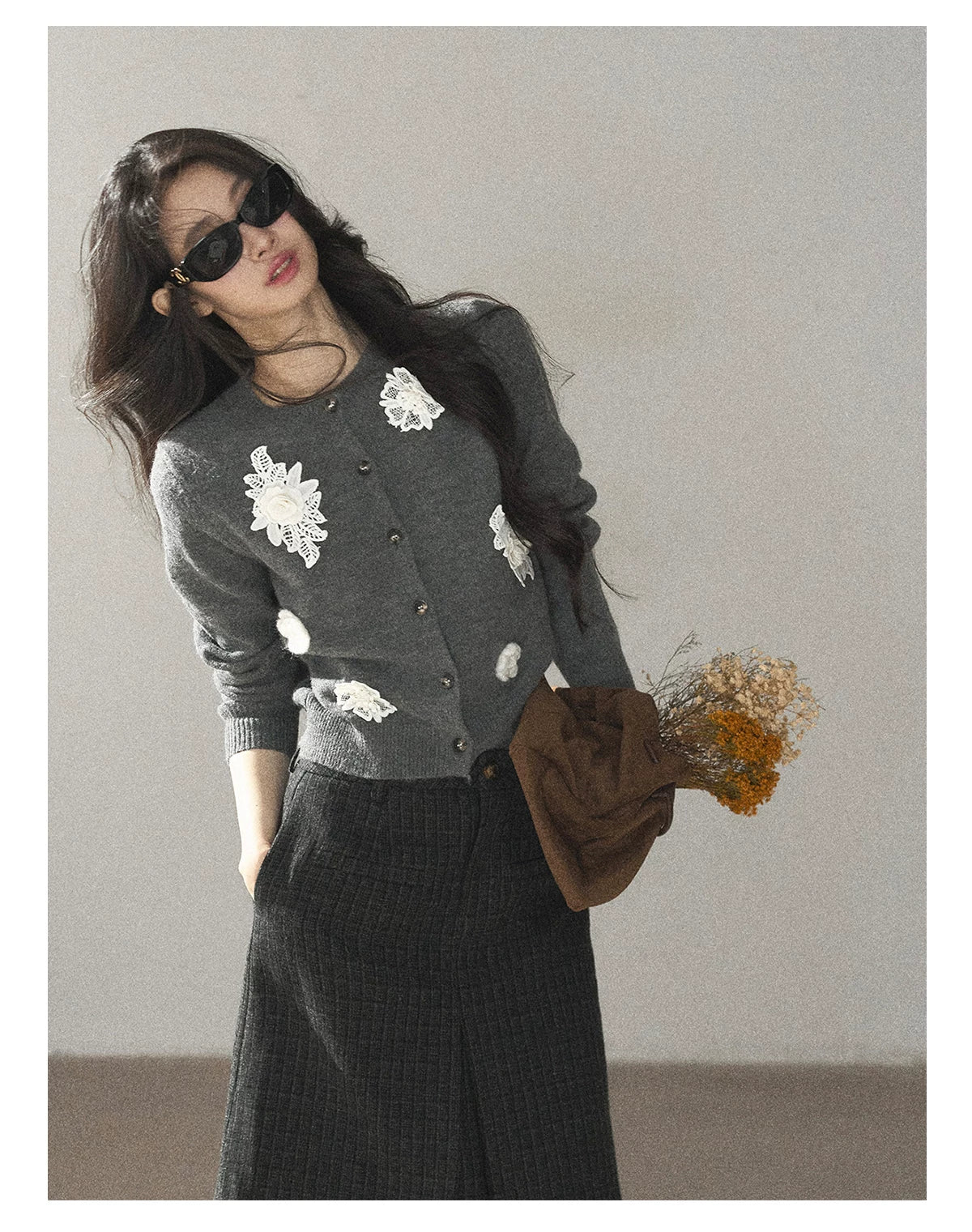AOMALM - Paris Gray 3D Flower Knit Cardigan