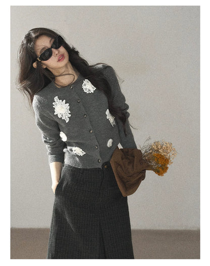 AOMALM - Paris Gray 3D Flower Knit Cardigan