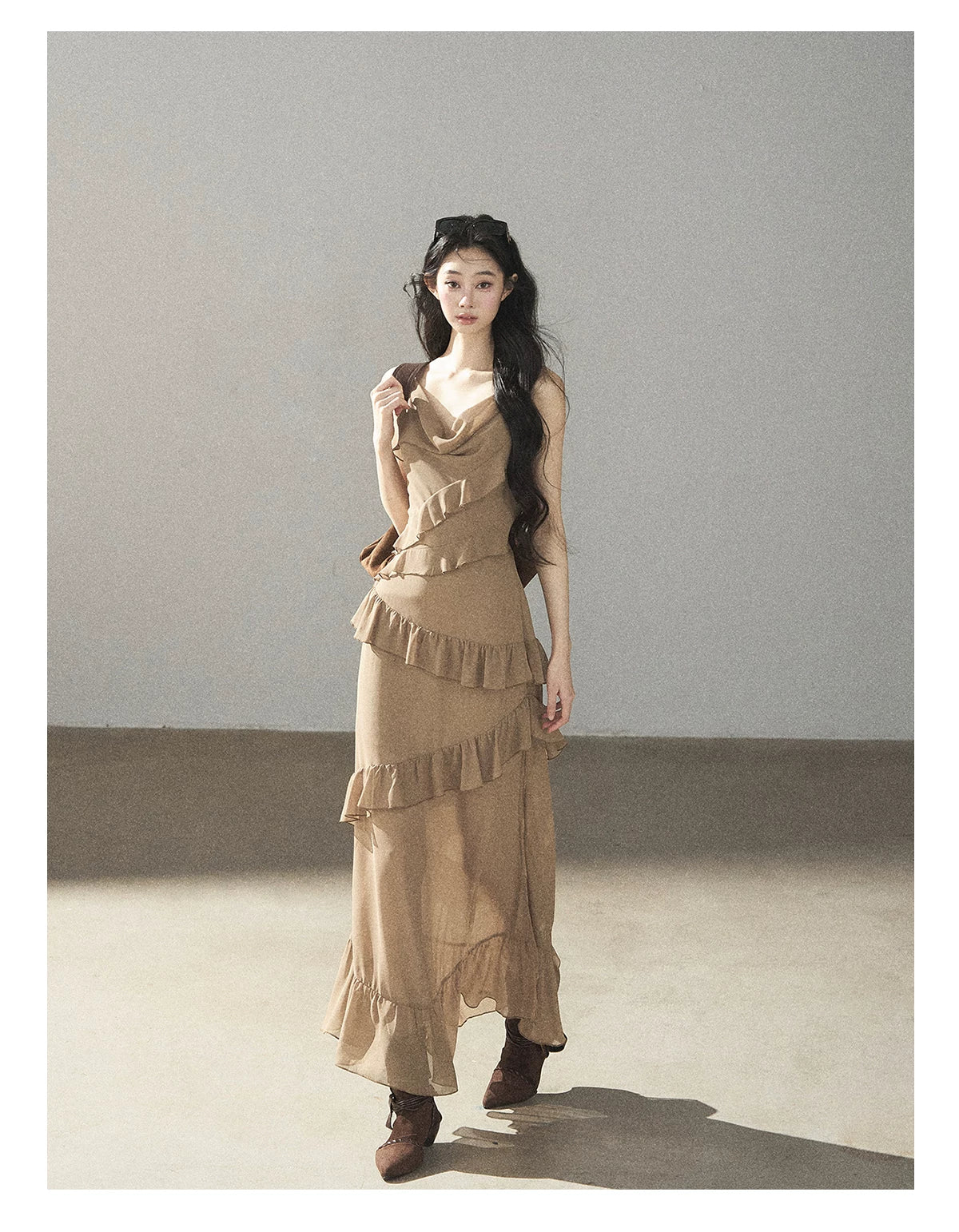 AOMALM - Cinnamon Gray-Brown Ruffle Chiffon Maxi Dress