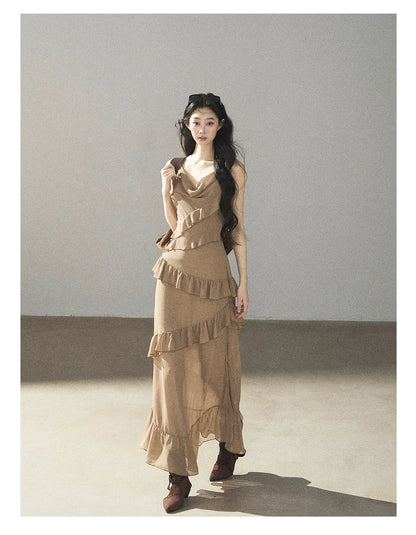 AOMALM - Cinnamon Gray-Brown Ruffle Chiffon Maxi Dress