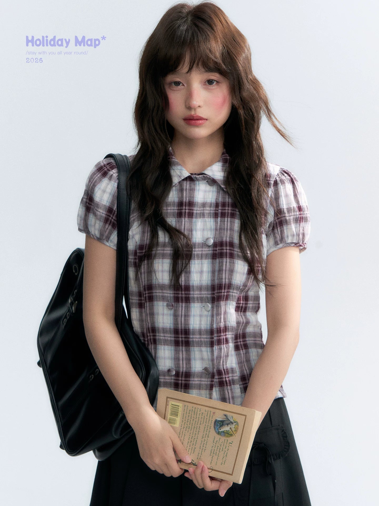"Violet Mist Bow" Purple Brown Plaid Blouse