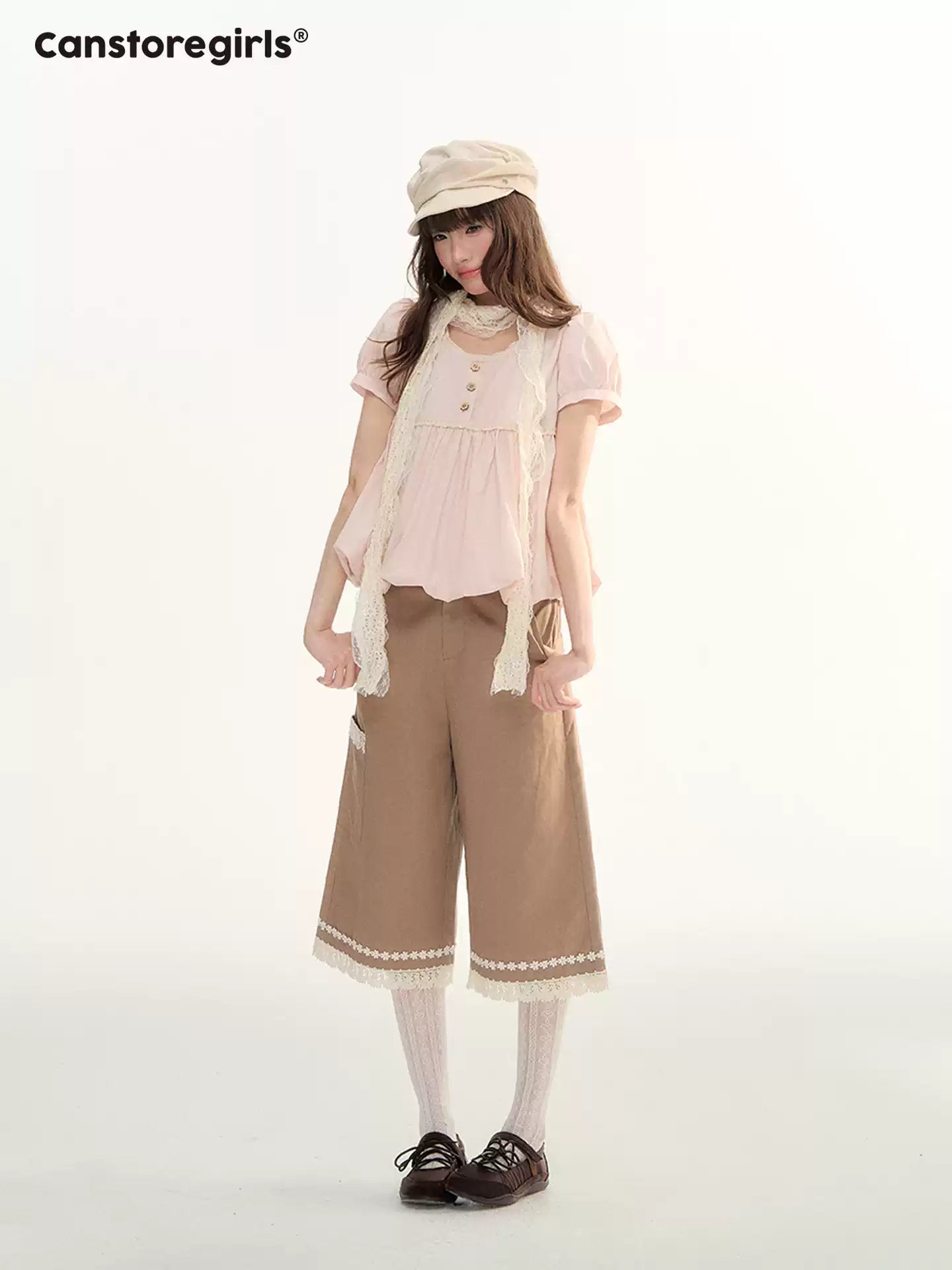 Soft Pink Lace Bubble Hem Blouse WW2026084