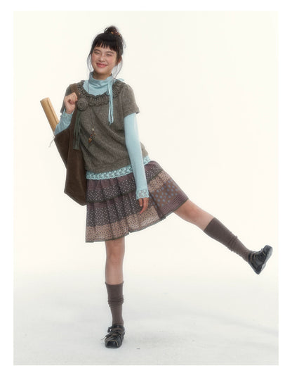 “Caramel Patchwork” Brown Patchwork Floral Plaid Lace A-Line Tiered Skirt