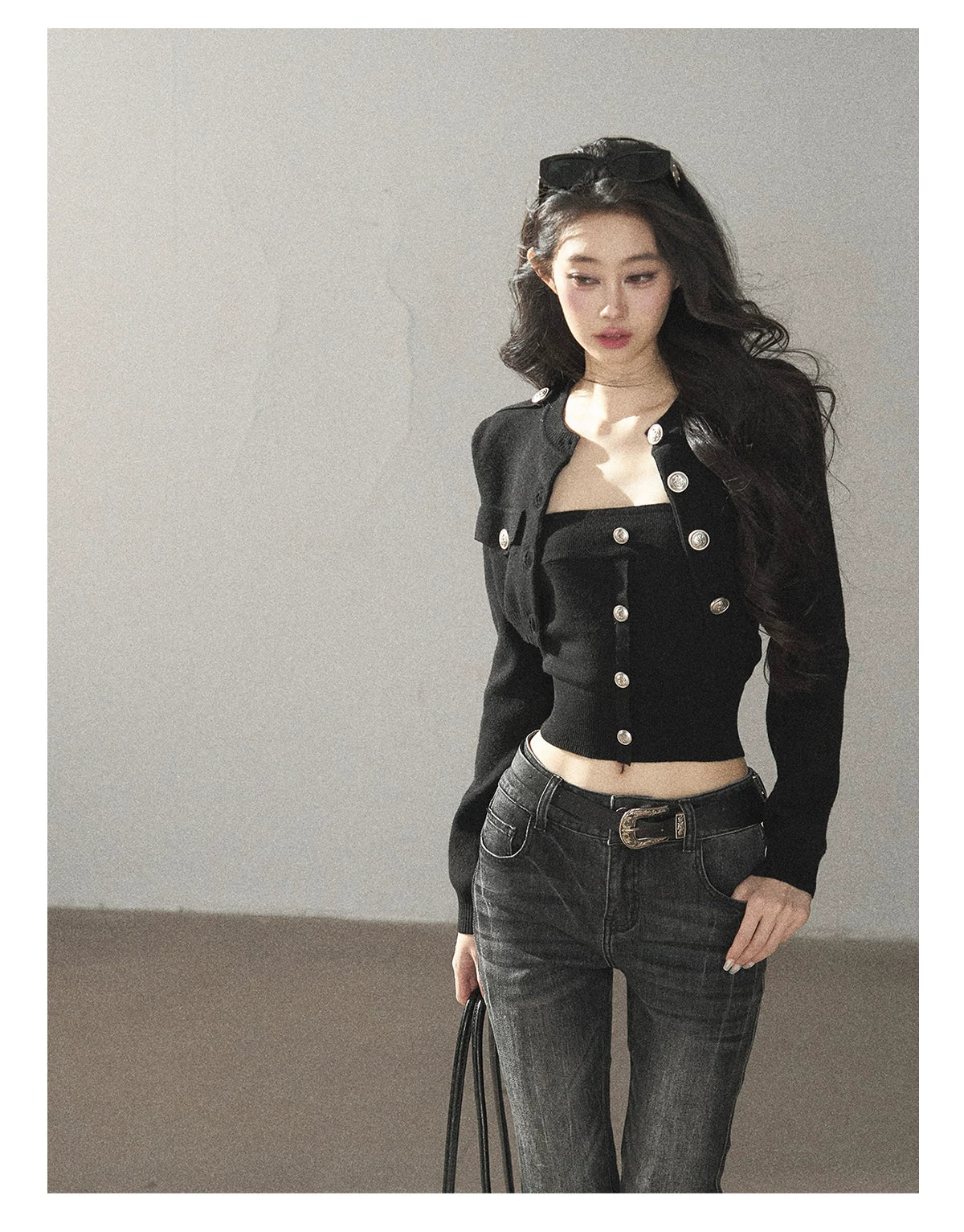 AOMALM - "You in the Night Sky" Black Cropped Knit Cardigan & Bandeau Set