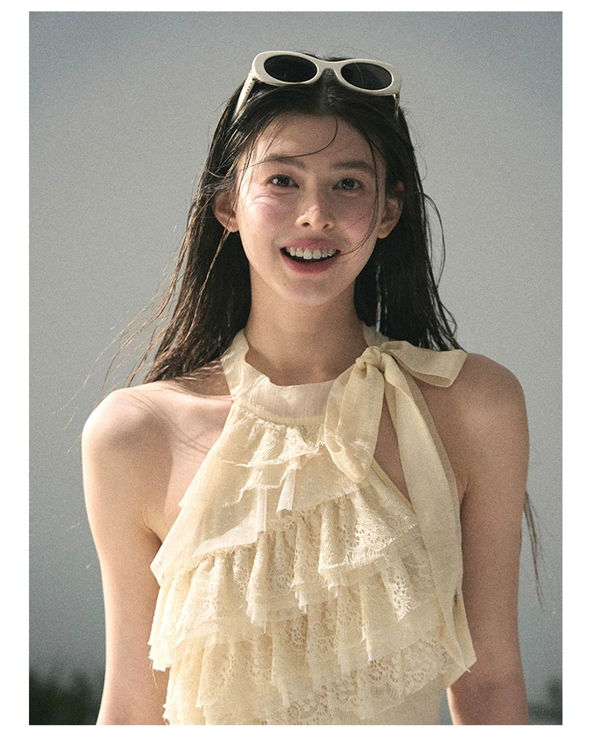 “Spring Traces in Tulle” Pale Butter Lace Halter Top