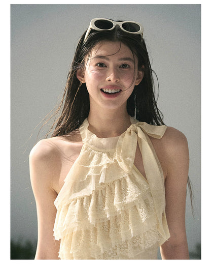 “Spring Traces in Tulle” Pale Butter Lace Halter Top