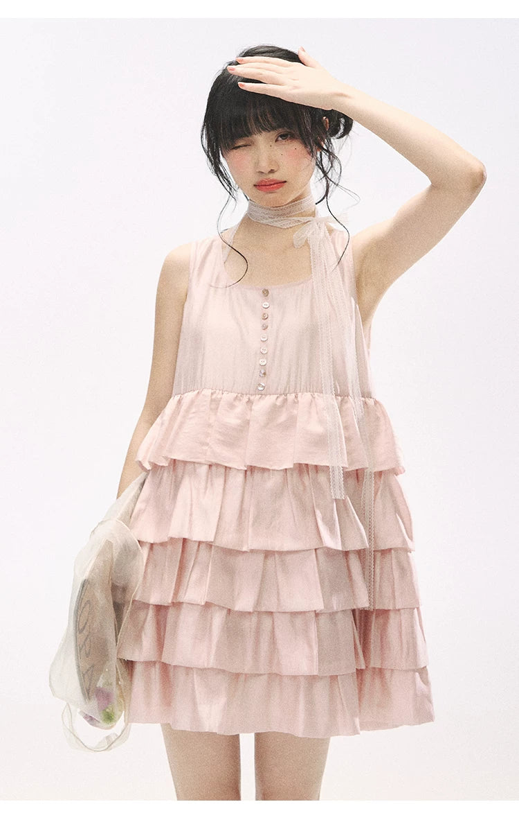 "Misty Pink Reverie" Petal Pink Lace Tie Tiered Sleeveless Dress