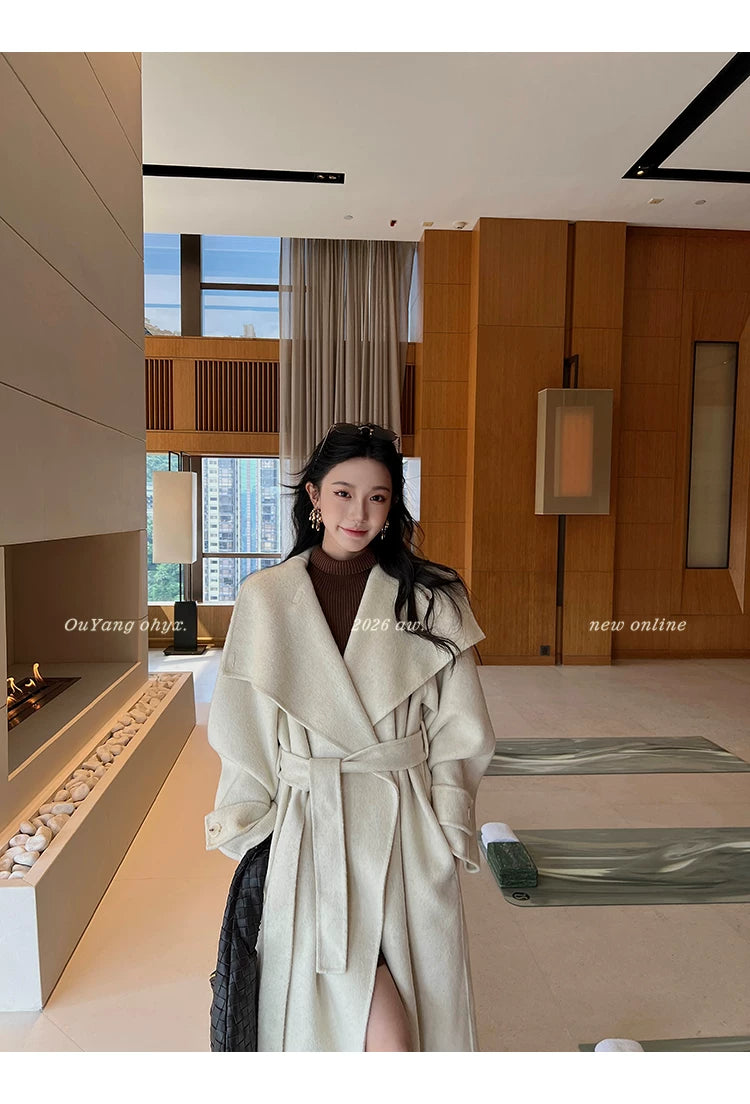 QuQuOuYang - 100% Wool Double-Face Belted Coat with Convertible Collar