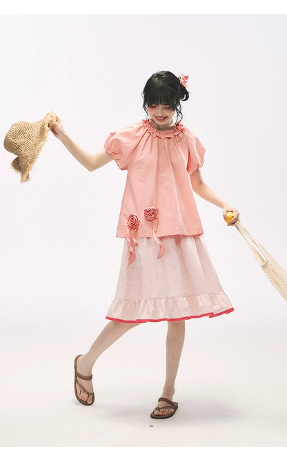 "Pink Grapefruit Bloom" Grapefruit Red Rose Puff Sleeve Blouse