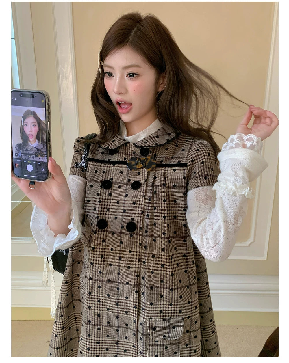“Hazel Rococo Reverie” Khaki Plaid Polka Dot Dress