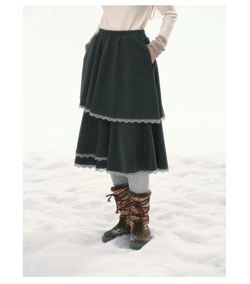 CANSTORE - "Shadow Muse" Dark Gray Layered Ruffle Midi Skirt with Lace Trim