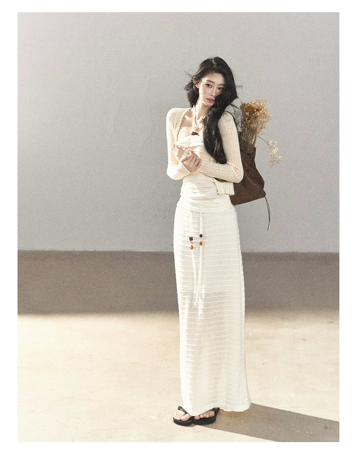 AOMALM - Creamy Ivory Convertible Knit Tube Top & Maxi Skirt Set