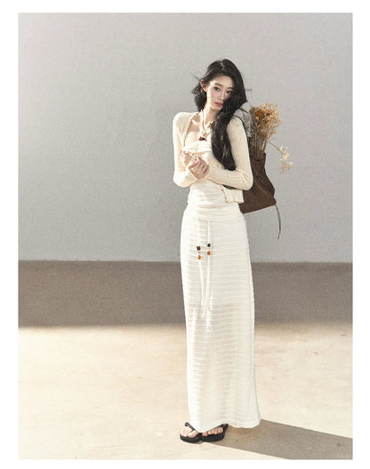 AOMALM - Creamy Ivory Convertible Knit Tube Top & Maxi Skirt Set