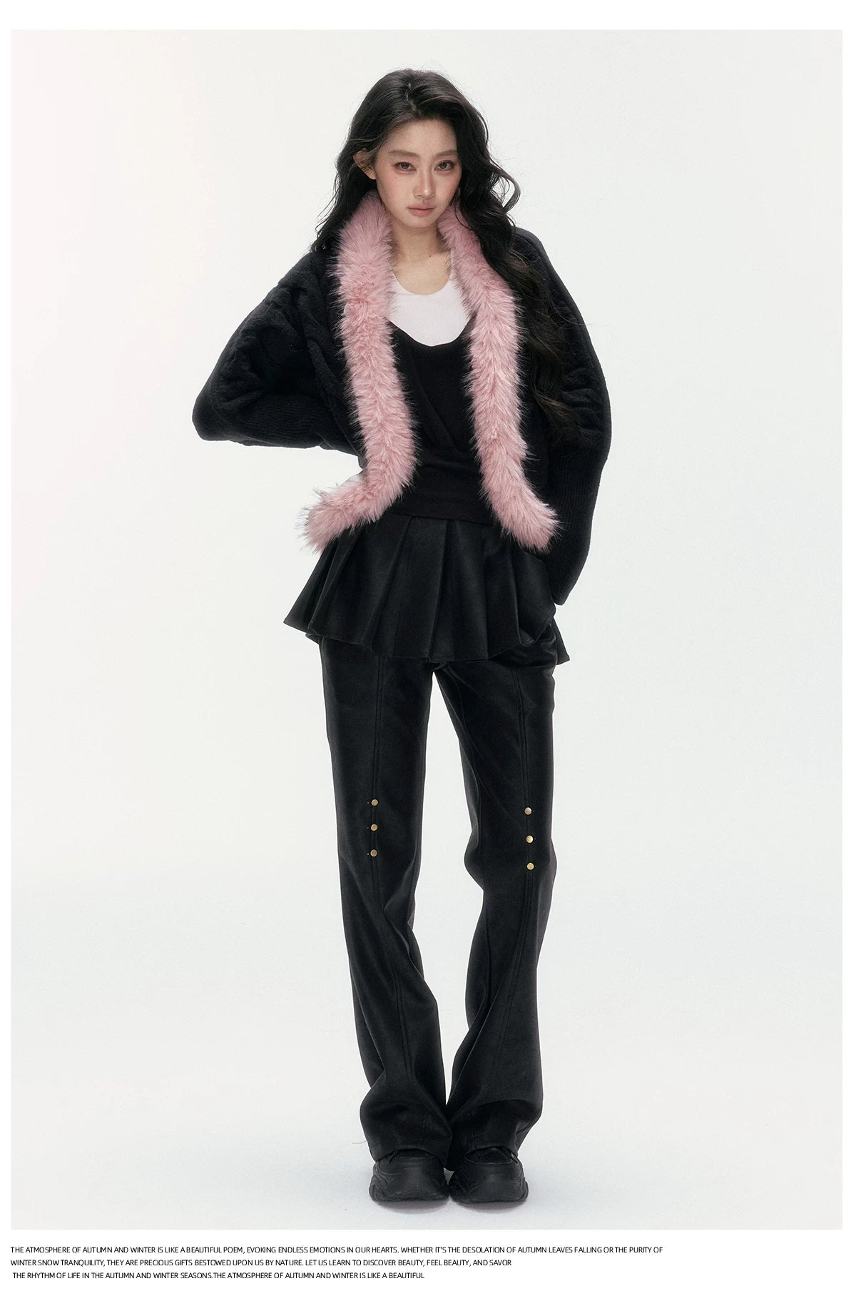 24olvides - Black Pink Cable Knit Cardigan with Detachable Faux Fur Collar